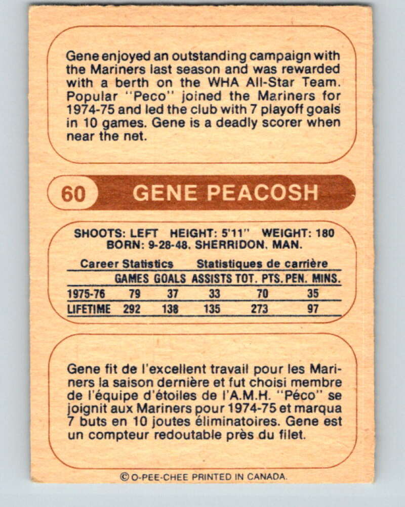 1976-77 WHA O-Pee-Chee #60 Gene Peacosh Indianapolis Racers V7704