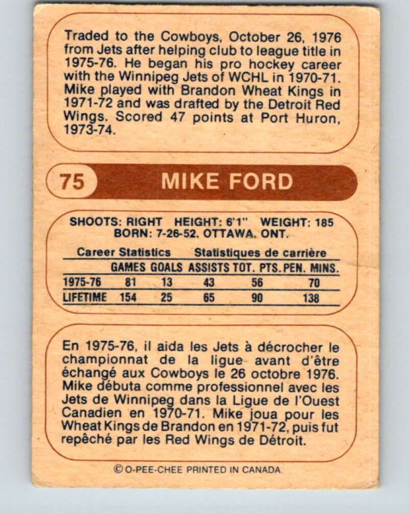 1976-77 WHA O-Pee-Chee #75 Mike Ford RC Rookie Calgary Cowboys V7721