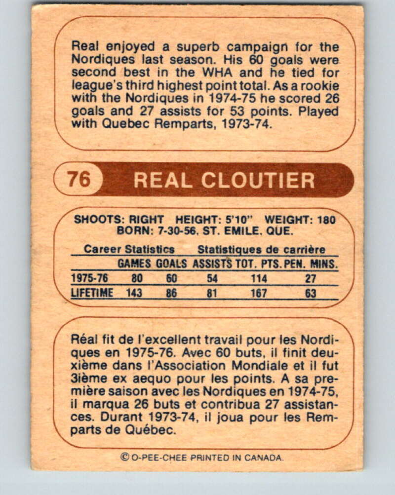 1976-77 WHA O-Pee-Chee #76 Real Cloutier Quebec Nordiques V7722