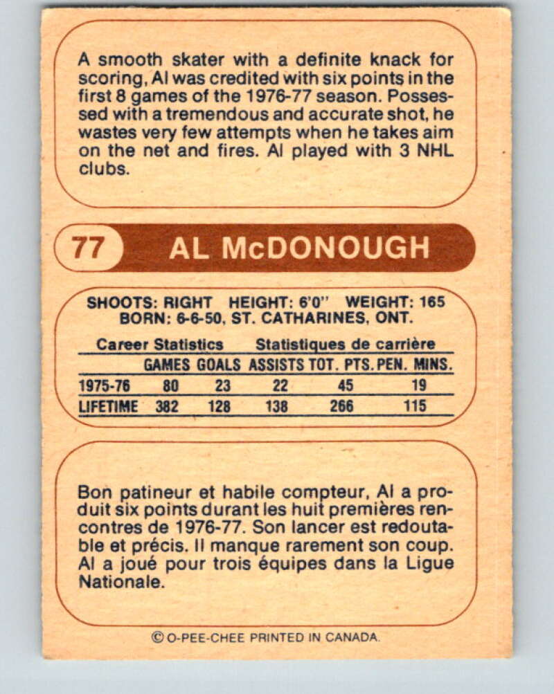 1976-77 WHA O-Pee-Chee #77 Al McDonough Minnesota Fighting Saints V7723