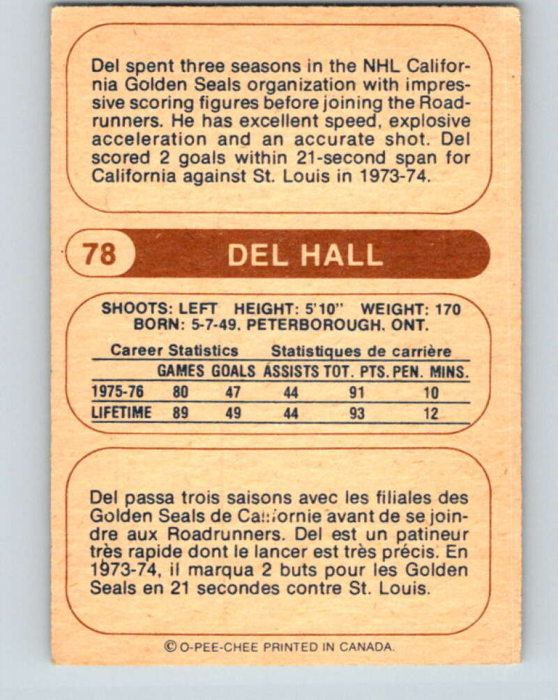 1976-77 WHA O-Pee-Chee #78 Del Hall RC Rookie Phoenix Roadrunners V7724
