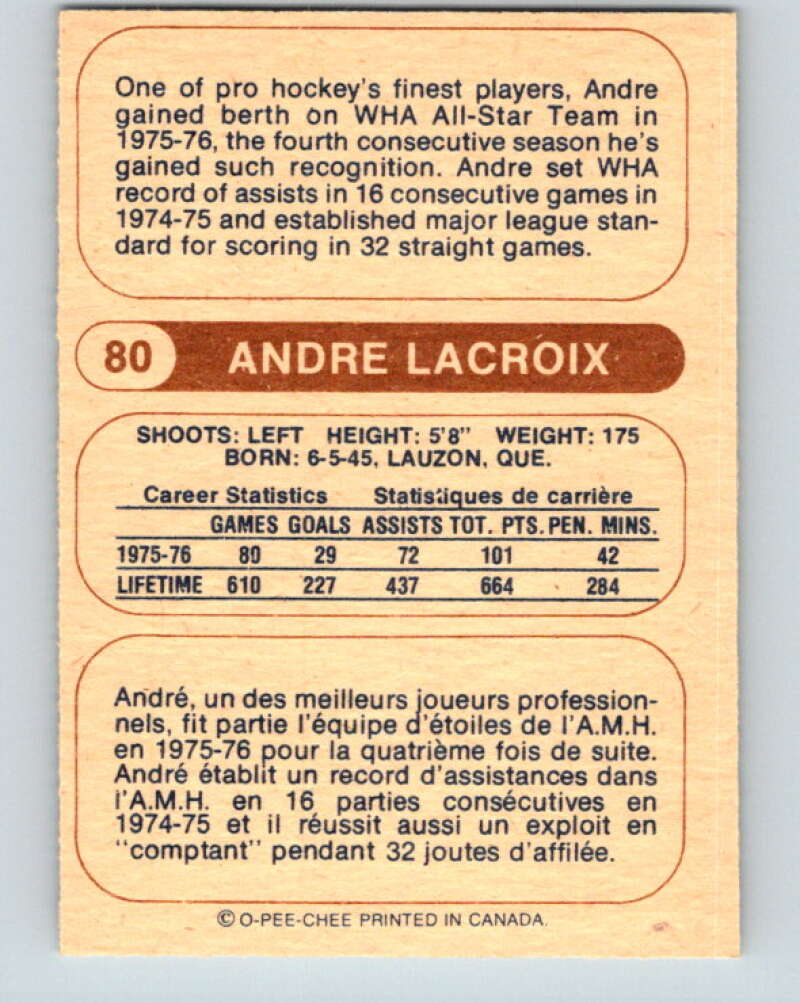 1976-77 WHA O-Pee-Chee #80 Andre Lacroix San Diego Mariners V7726