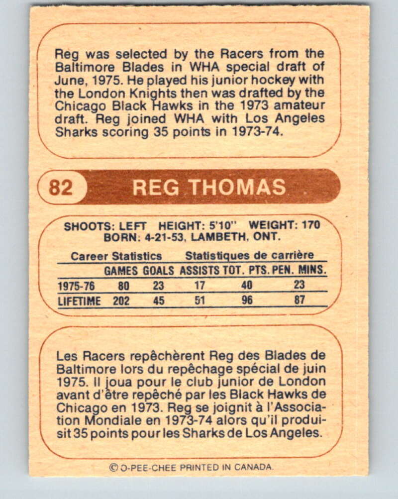 1976-77 WHA O-Pee-Chee #82 Reg Thomas RC Rookie Indianapolis Racers V7728