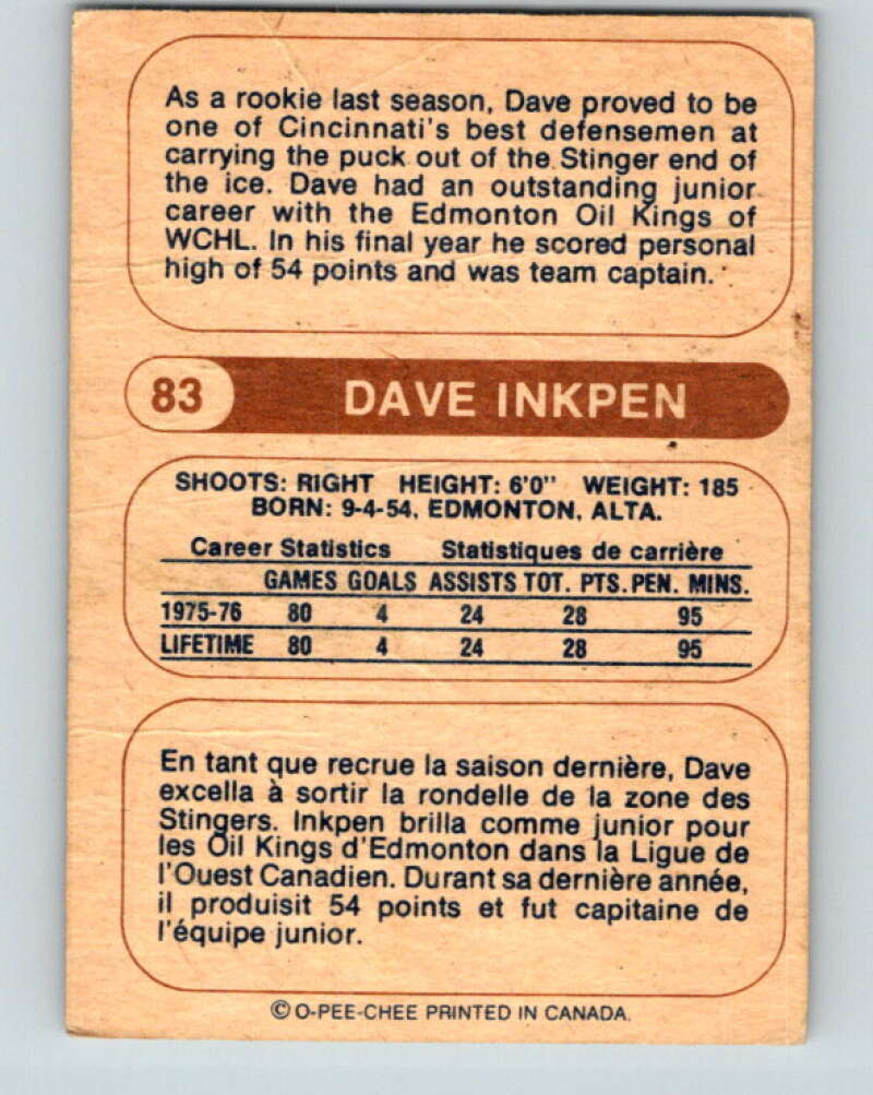 1976-77 WHA O-Pee-Chee #83 Dave Inkpen RC Rookie Cincinnati Stingers V7729