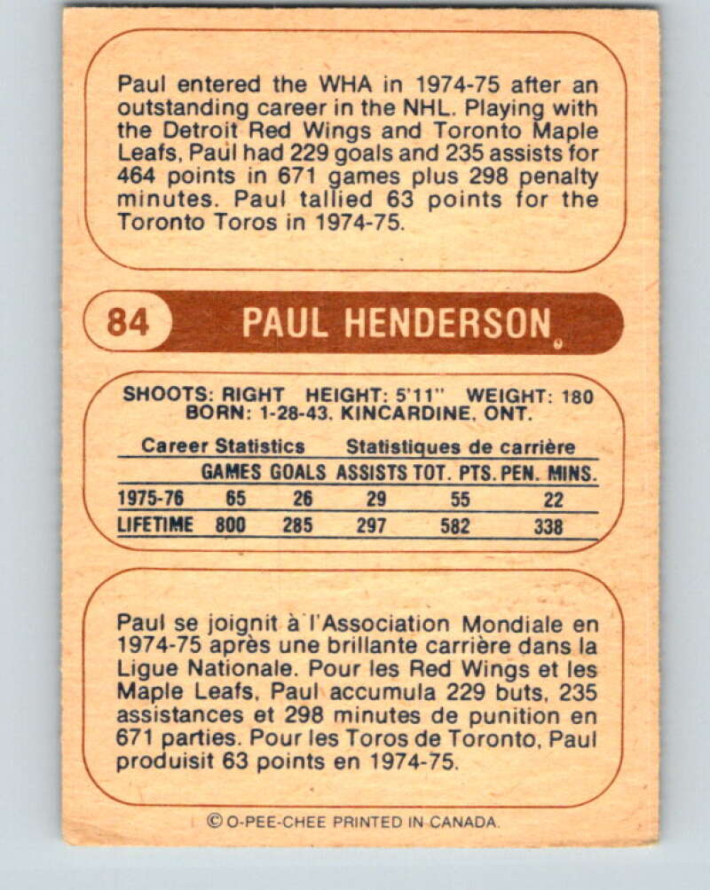 1976-77 WHA O-Pee-Chee #84 Paul Henderson Birmingham Bulls V7730