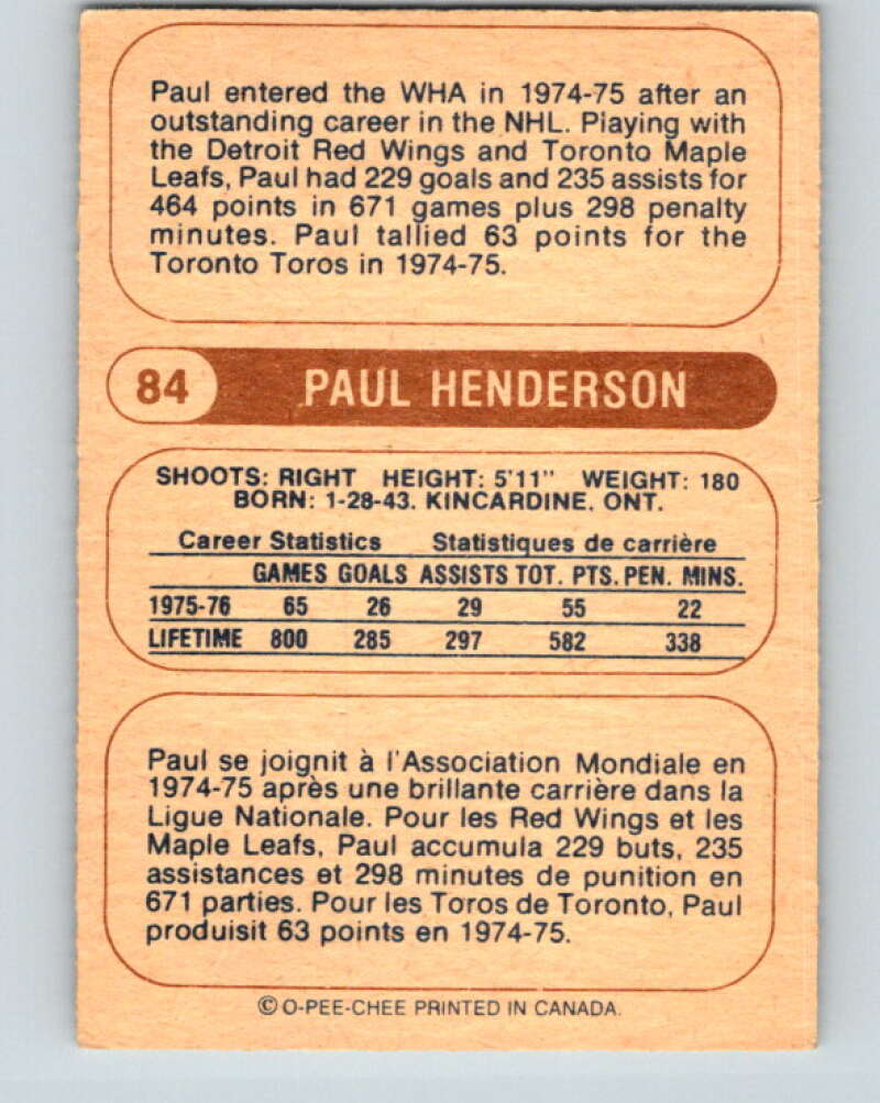 1976-77 WHA O-Pee-Chee #84 Paul Henderson Birmingham Bulls V7731