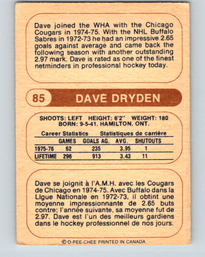 1976-77 WHA O-Pee-Chee #85 Dave Dryden Edmonton Oilers V7732