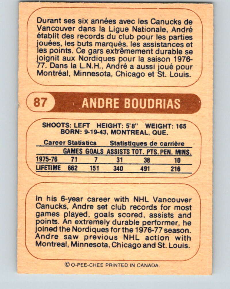 1976-77 WHA O-Pee-Chee #87 Andre Boudrias Quebec Nordiques V7736
