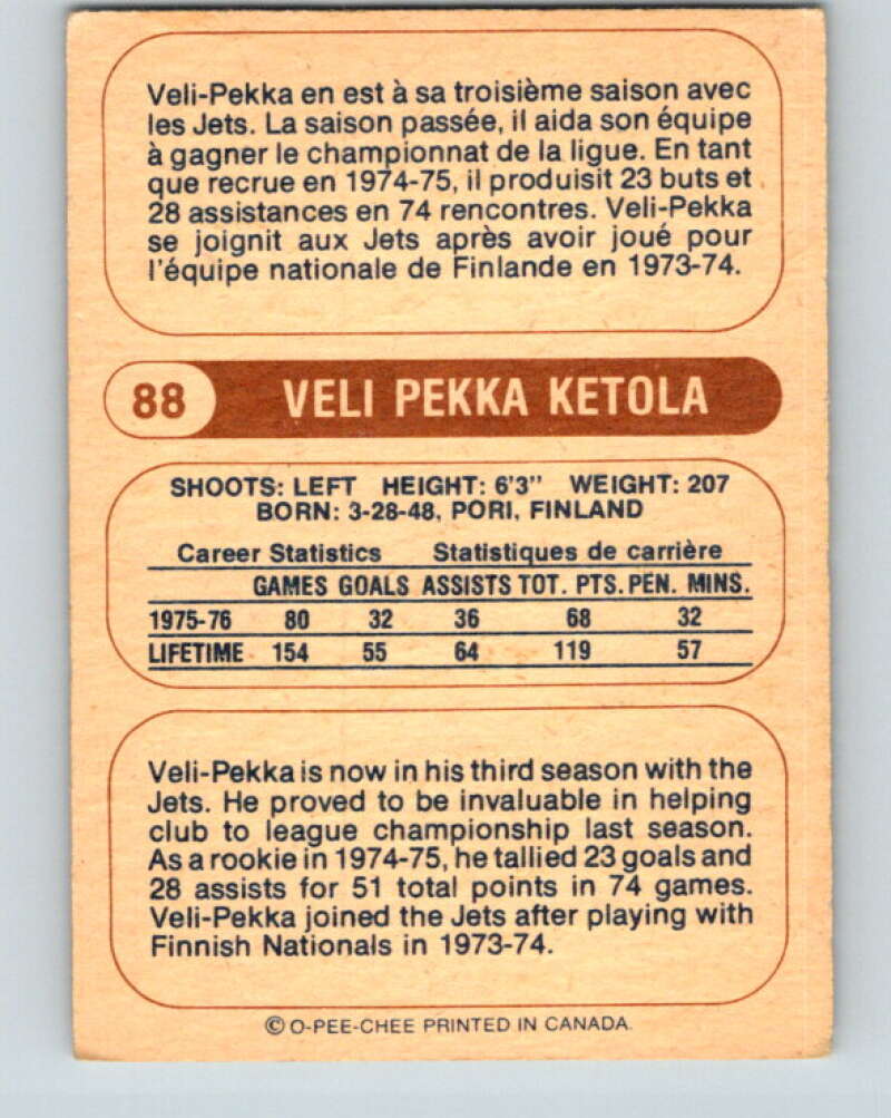 1976-77 WHA O-Pee-Chee #88 Veli-Pekka Ketola Winnipeg Jets V7737