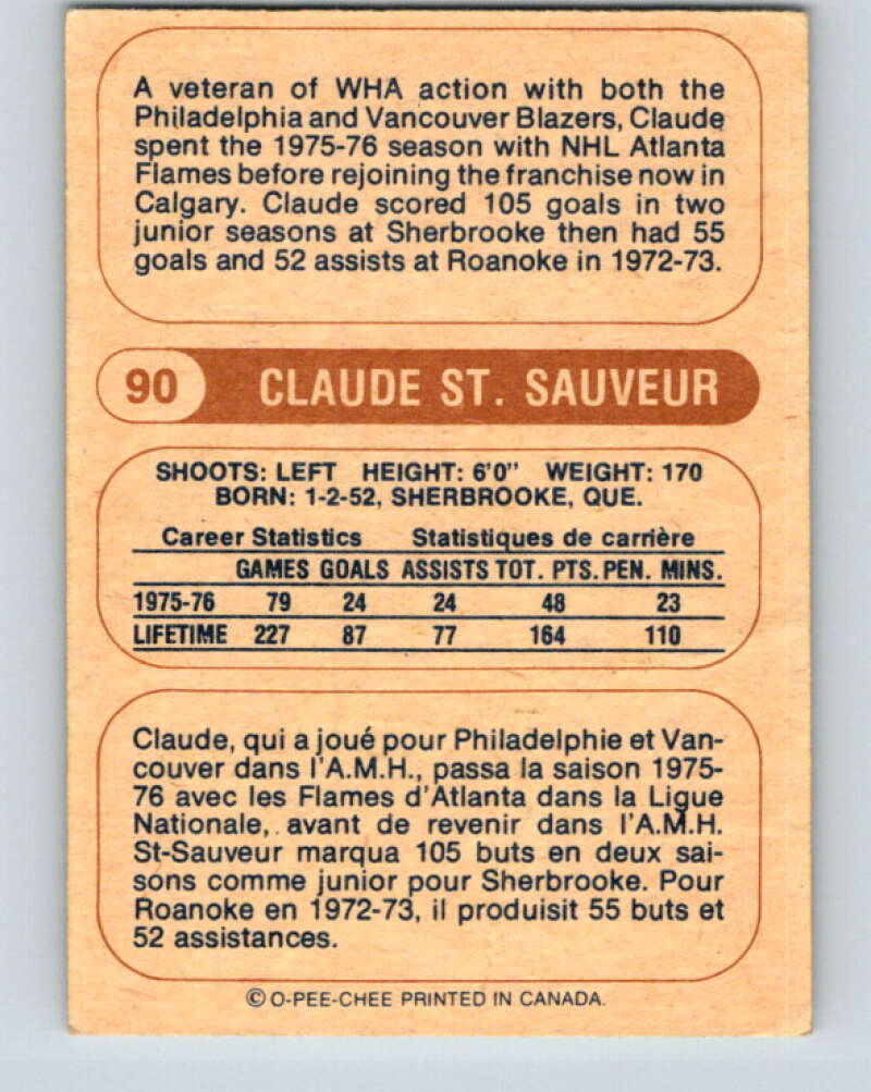 1976-77 WHA O-Pee-Chee #90 Claude St. Sauveur Calgary Cowboys V7739