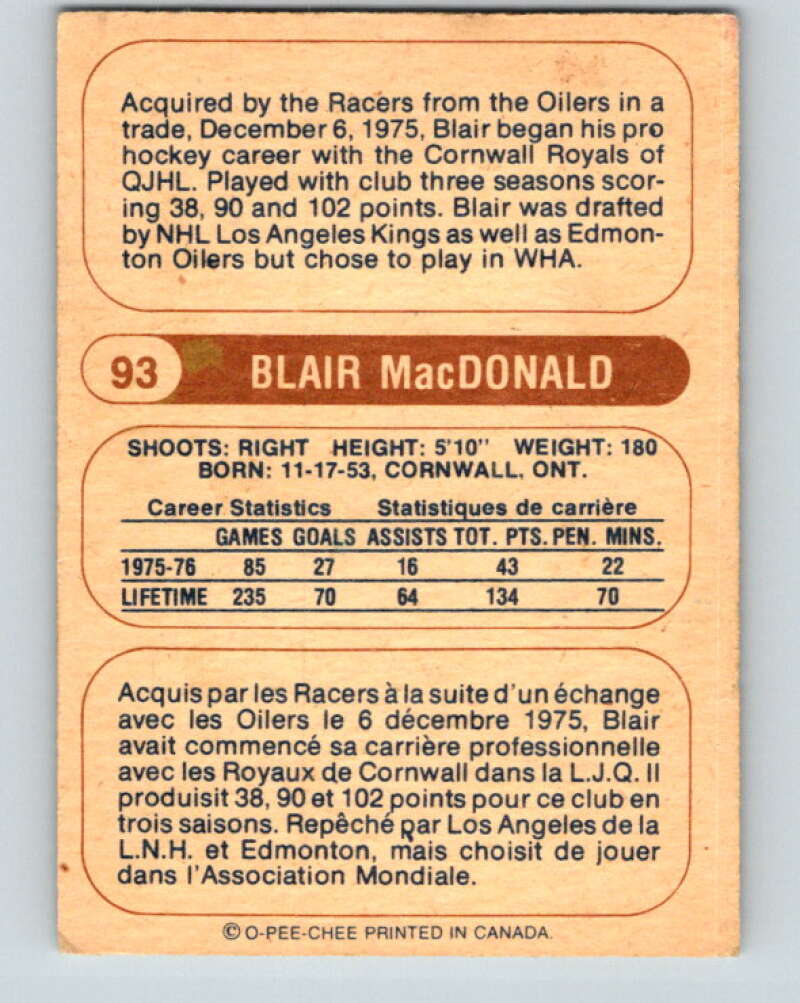 1976-77 WHA O-Pee-Chee #93 Blair MacDonald RC Rookie Indianapolis Racers V7742