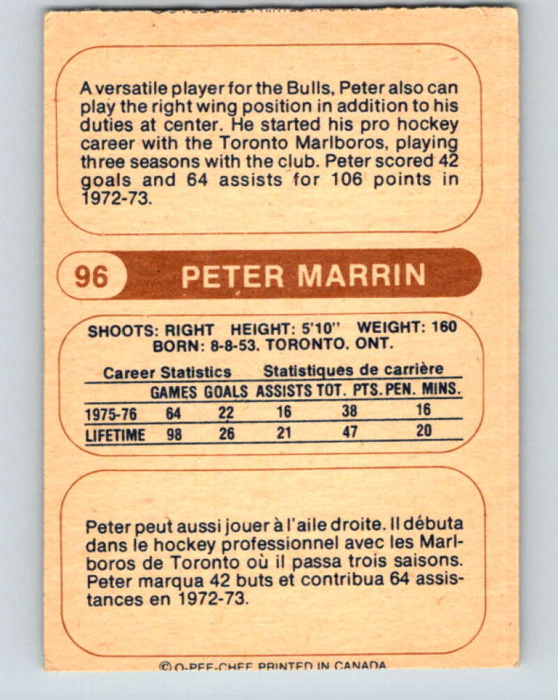 1976-77 WHA O-Pee-Chee #96 Peter Marrin RC Rookie Birmingham Bulls V7745