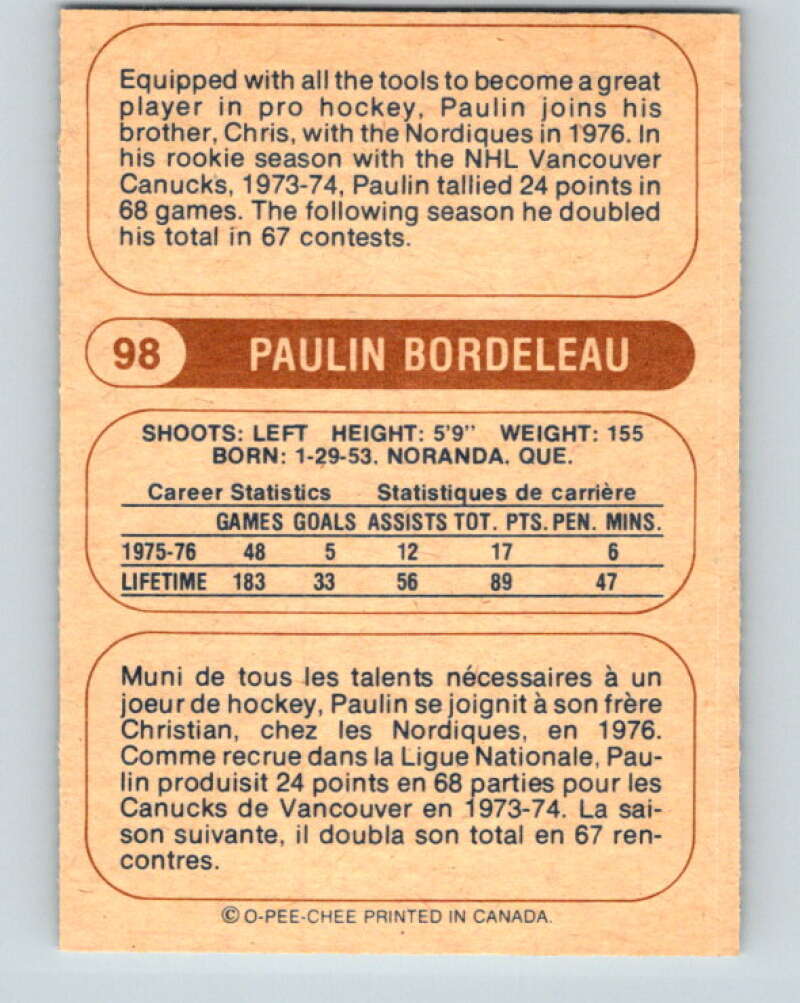 1976-77 WHA O-Pee-Chee #98 Paulin Bordeleau Quebec Nordiques V7747