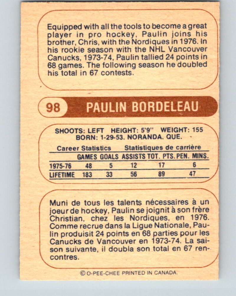 1976-77 WHA O-Pee-Chee #98 Paulin Bordeleau Quebec Nordiques V7748