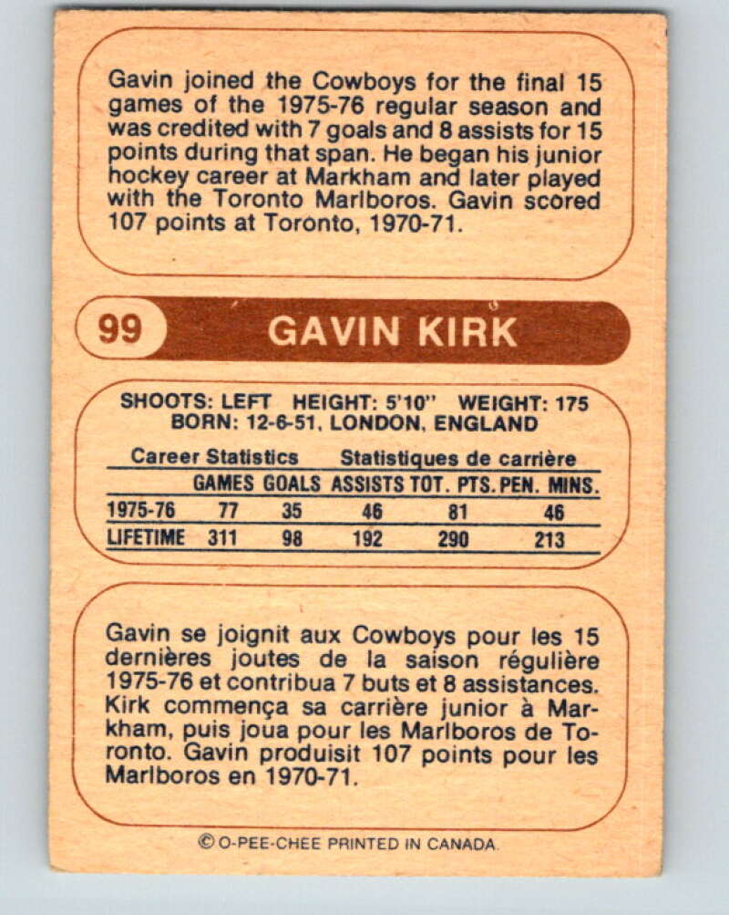 1976-77 WHA O-Pee-Chee #99 Gavin Kirk Birmingham Bulls V7750