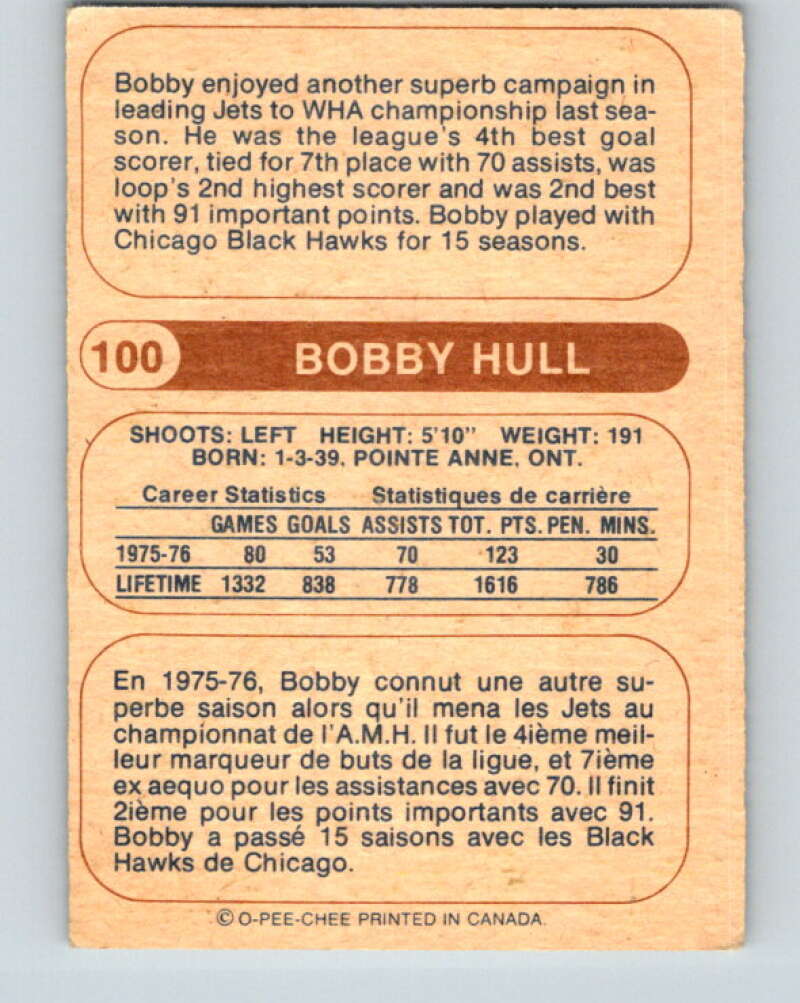 1976-77 WHA O-Pee-Chee #100 Bobby Hull  Winnipeg Jets  V7751
