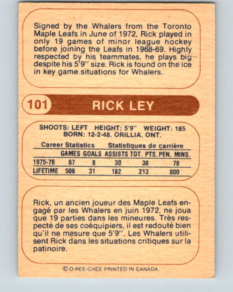 1976-77 WHA O-Pee-Chee #101 Rick Ley New England Whalers V7754
