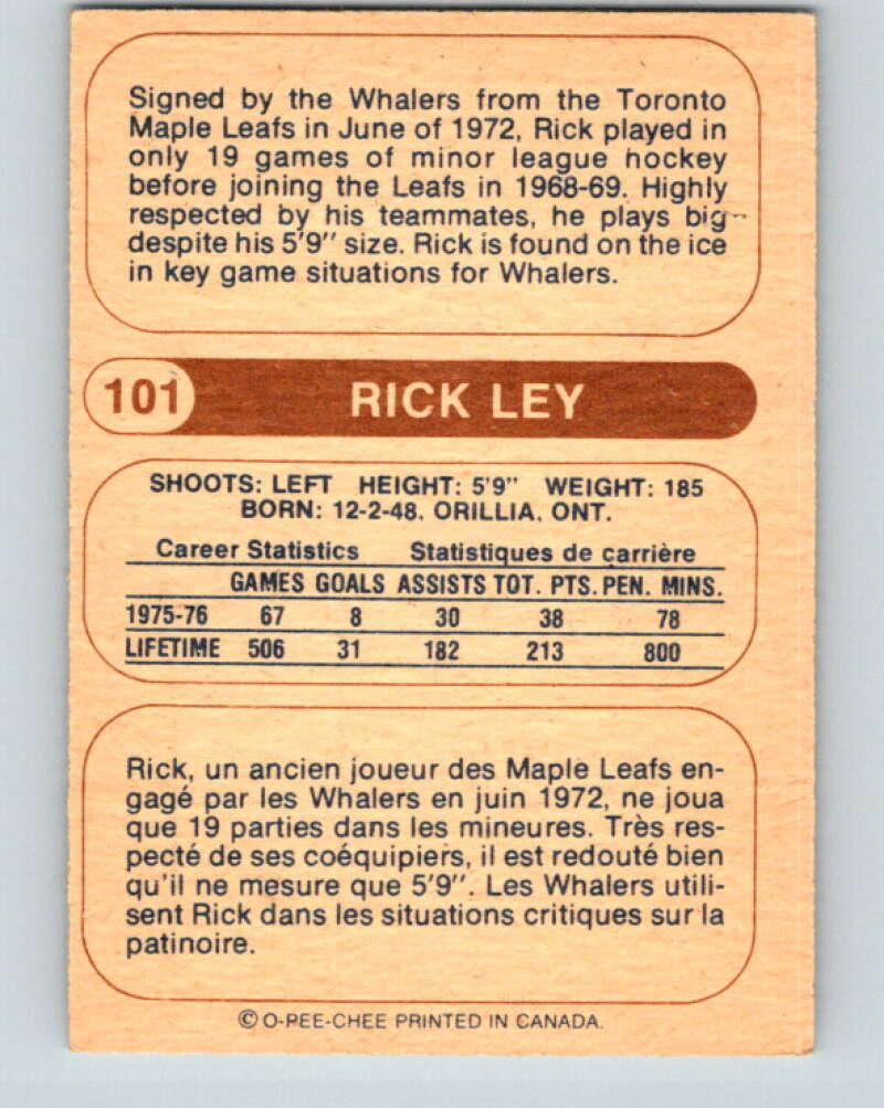 1976-77 WHA O-Pee-Chee #101 Rick Ley  New England Whalers  V7754