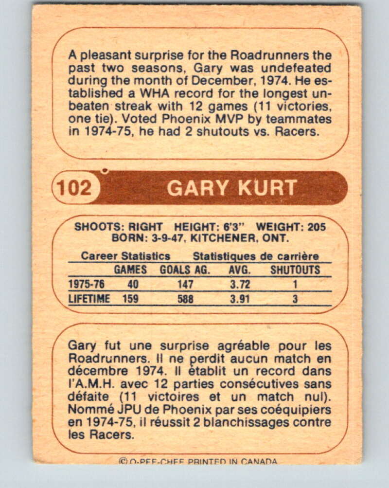 1976-77 WHA O-Pee-Chee #102 Gary Kurt Phoenix Roadrunners V7755
