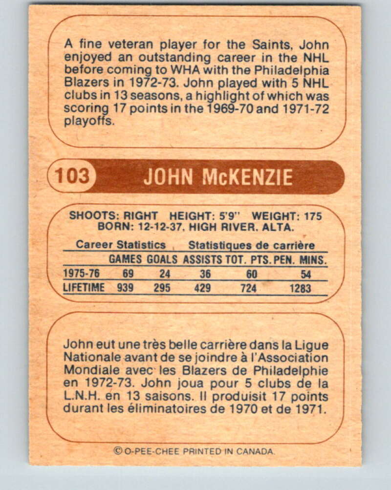 1976-77 WHA O-Pee-Chee #103 John McKenzie Minnesota Fighting Saints V7756