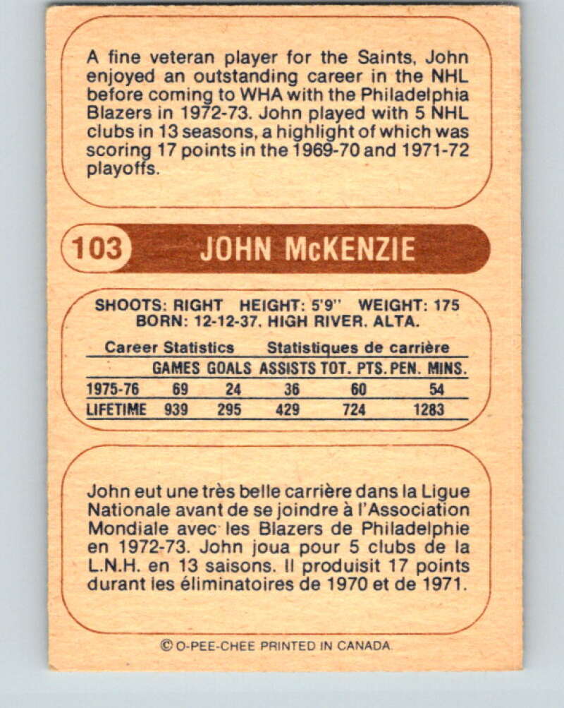 1976-77 WHA O-Pee-Chee #103 John McKenzie Minnesota Fighting Saints V7757