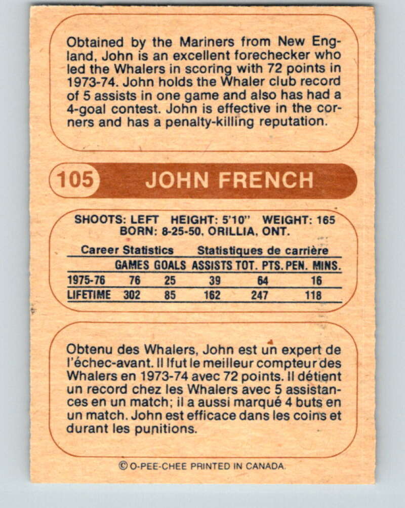 1976-77 WHA O-Pee-Chee #105 John French San Diego Mariners V7759