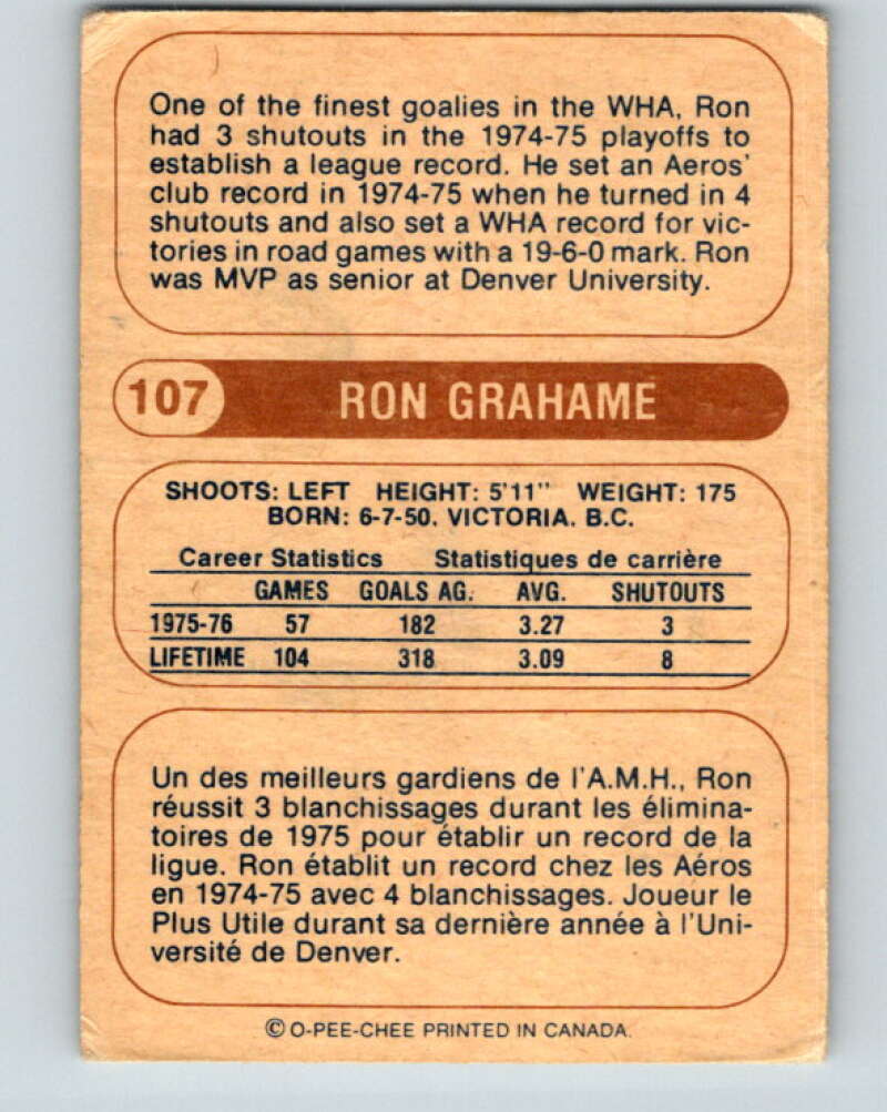 1976-77 WHA O-Pee-Chee #107 Ron Grahame Houston Aeros V7761