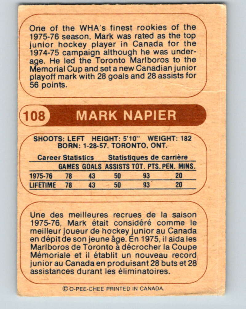 1976-77 WHA O-Pee-Chee #108 Mark Napier Birmingham Bulls V7762