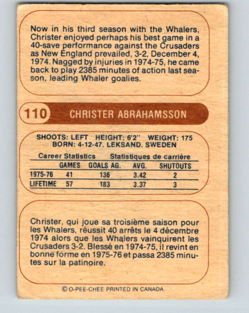1976-77 WHA O-Pee-Chee #110 Christer Abrahamsson New England Whalers V7765