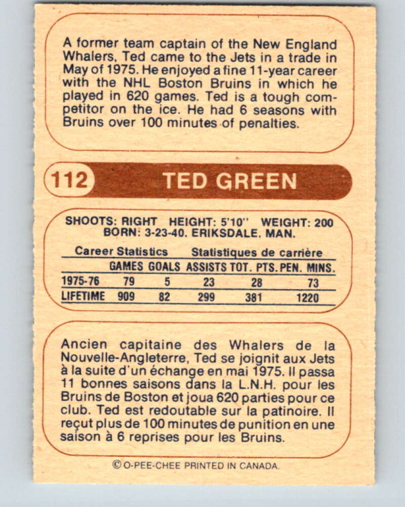 1976-77 WHA O-Pee-Chee #112 Ted Green Winnipeg Jets V7766
