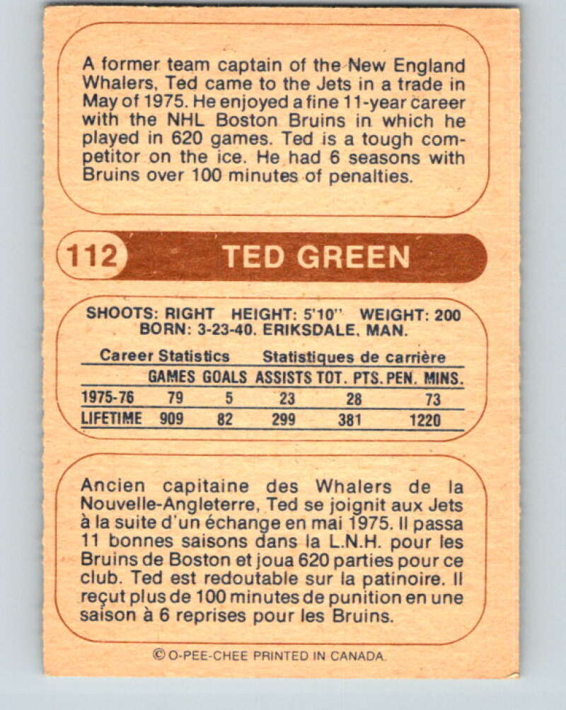1976-77 WHA O-Pee-Chee #112 Ted Green Winnipeg Jets V7767