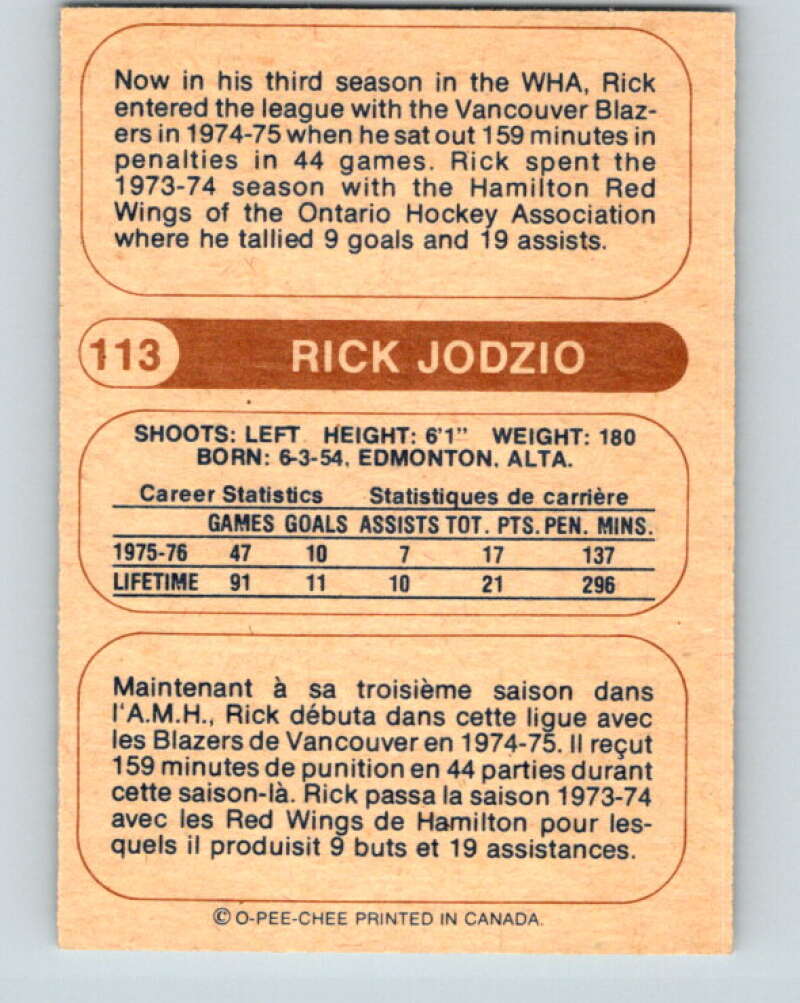 1976-77 WHA O-Pee-Chee #113 Rick Jodzio Calgary Cowboys V7768