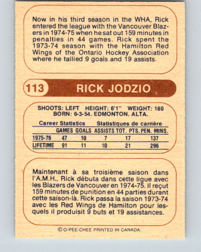 1976-77 WHA O-Pee-Chee #113 Rick Jodzio Calgary Cowboys V7769