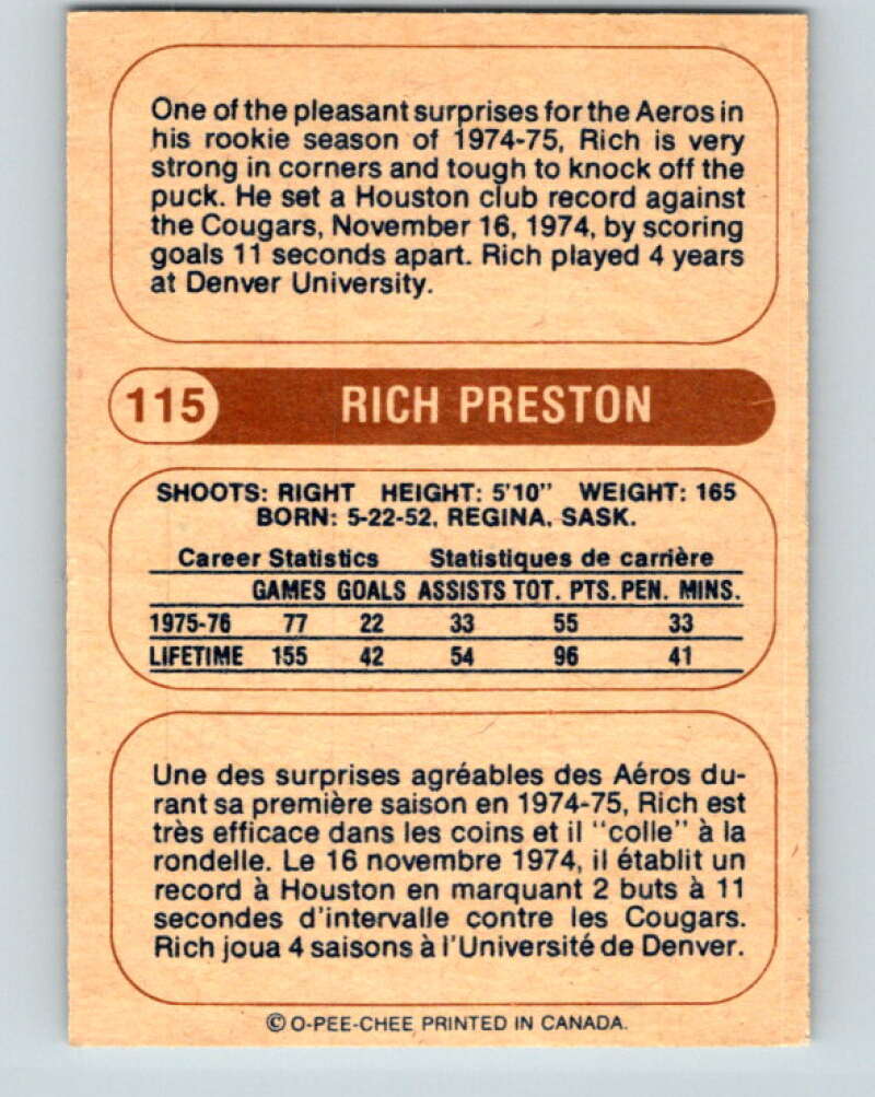 1976-77 WHA O-Pee-Chee #115 Rich Preston RC Rookie Houston Aeros V7771