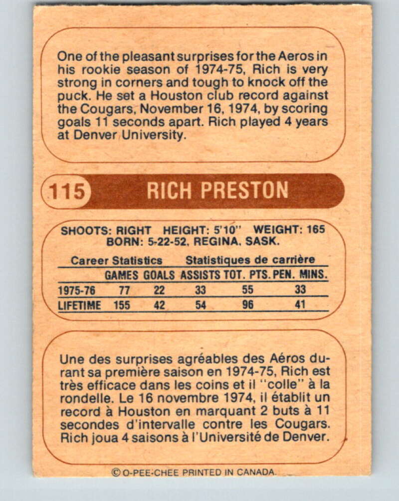 1976-77 WHA O-Pee-Chee #115 Rich Preston RC Rookie Houston Aeros V7772