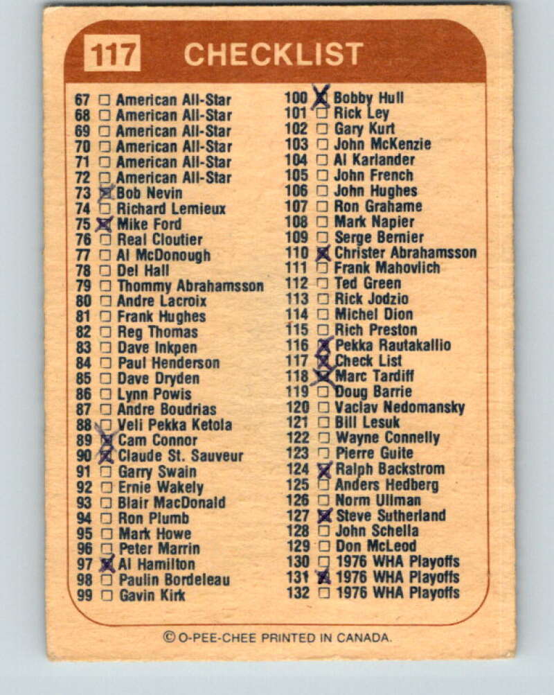 1976-77 WHA O-Pee-Chee #117 Checklist   V7774