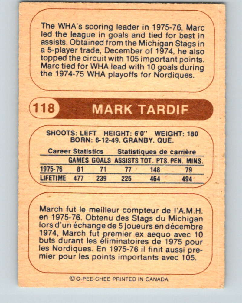1976-77 WHA O-Pee-Chee #118 Marc Tardif Quebec Nordiques V7775