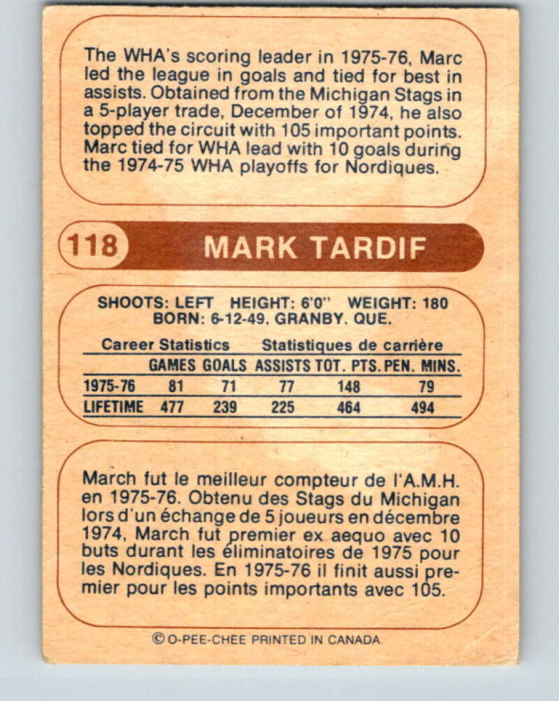 1976-77 WHA O-Pee-Chee #118 Marc Tardif Quebec Nordiques V7776