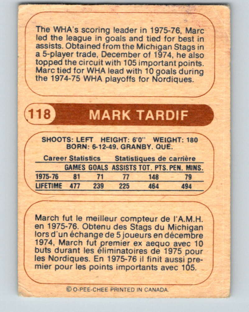 1976-77 WHA O-Pee-Chee #118 Marc Tardif Quebec Nordiques V7777