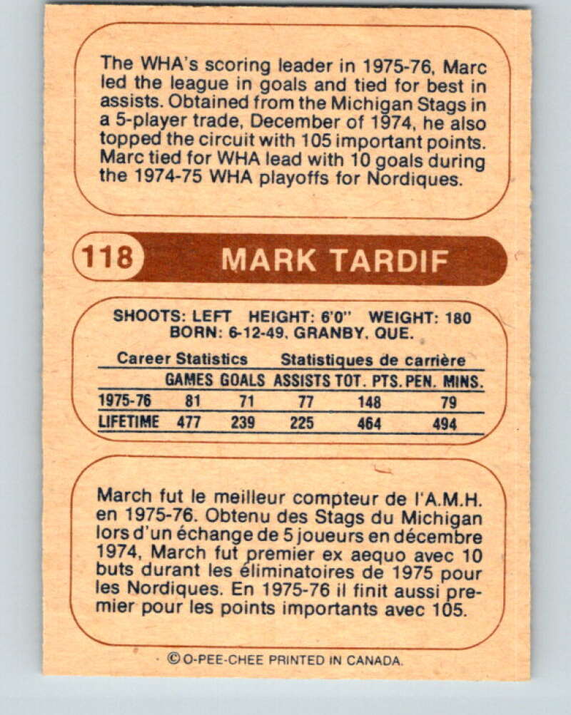 1976-77 WHA O-Pee-Chee #118 Marc Tardif Quebec Nordiques V7778