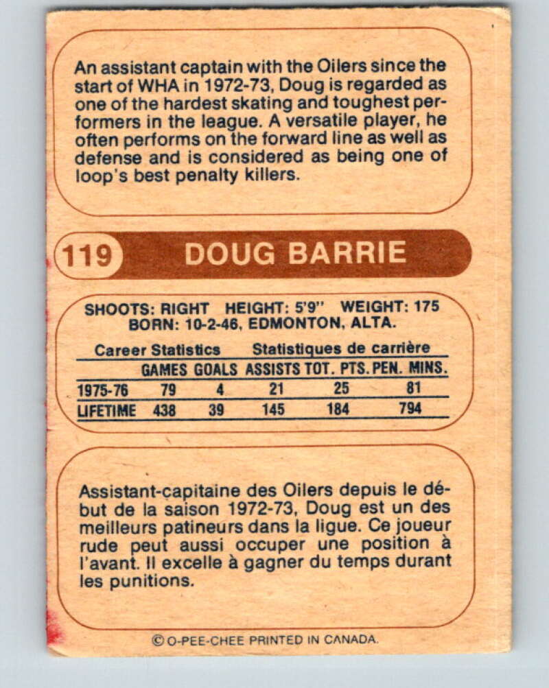 1976-77 WHA O-Pee-Chee #119 Doug Barrie Edmonton Oilers V7779