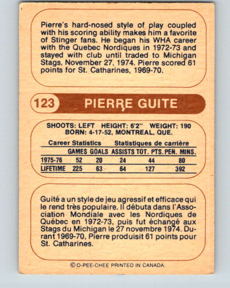 1976-77 WHA O-Pee-Chee #123 Pierre Guite Cincinnati Stingers V7784