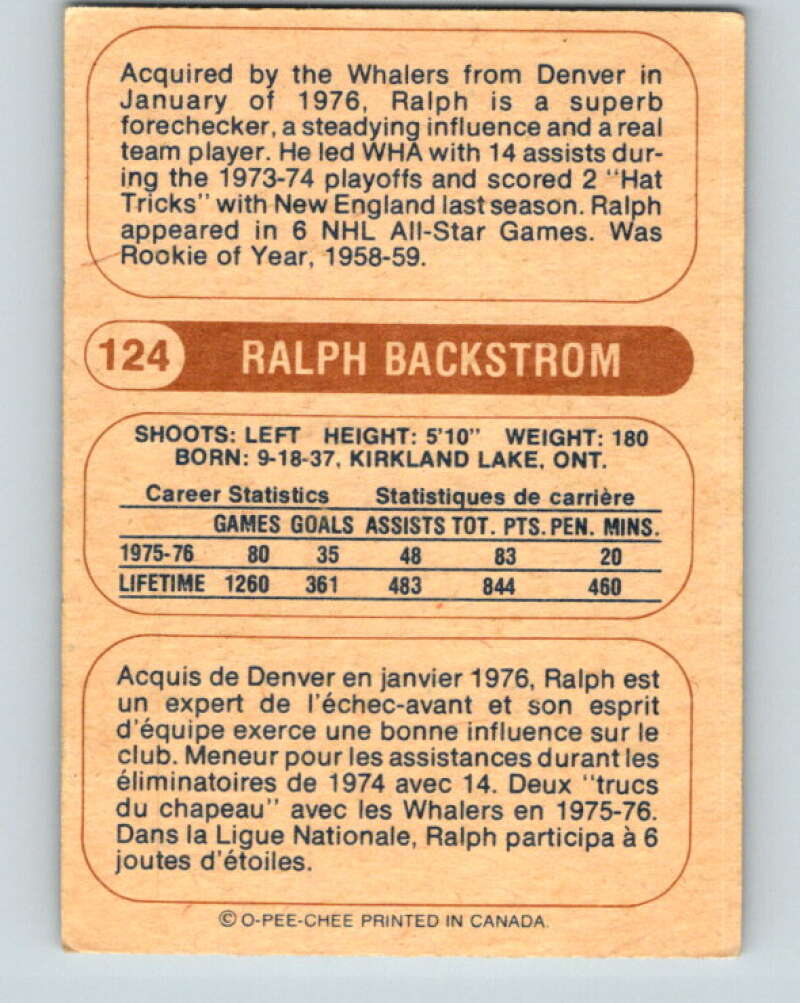 1976-77 WHA O-Pee-Chee #124 Ralph Backstrom New England Whalers V7785