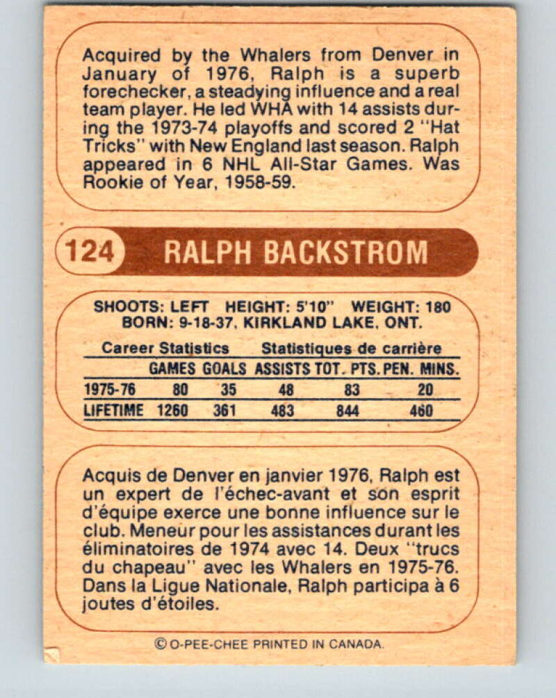 1976-77 WHA O-Pee-Chee #124 Ralph Backstrom New England Whalers V7786