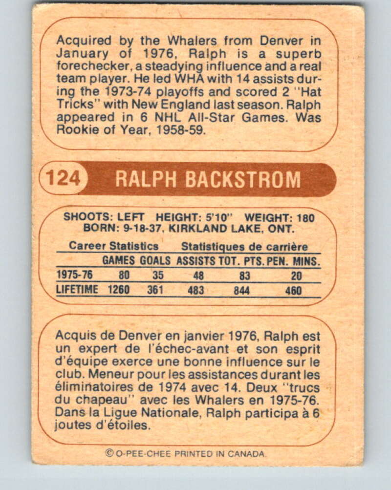 1976-77 WHA O-Pee-Chee #124 Ralph Backstrom  New England Whalers  V7787