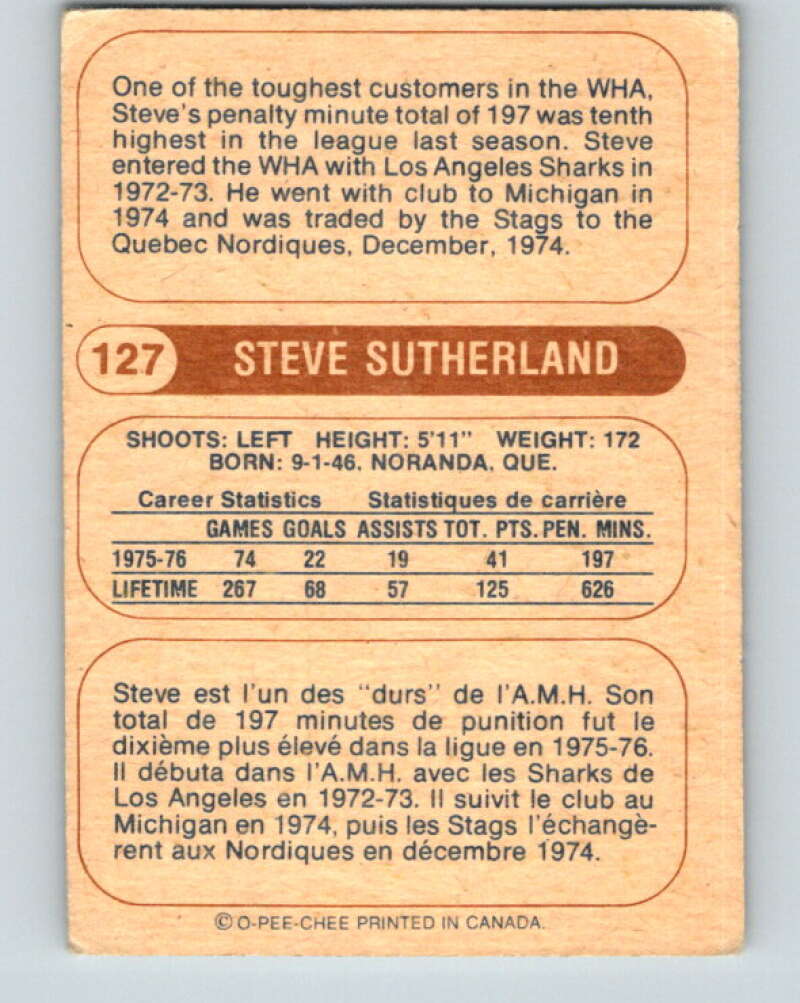 1976-77 WHA O-Pee-Chee #127 Steve Sutherland RC Rookie Quebec Nordiques V7792