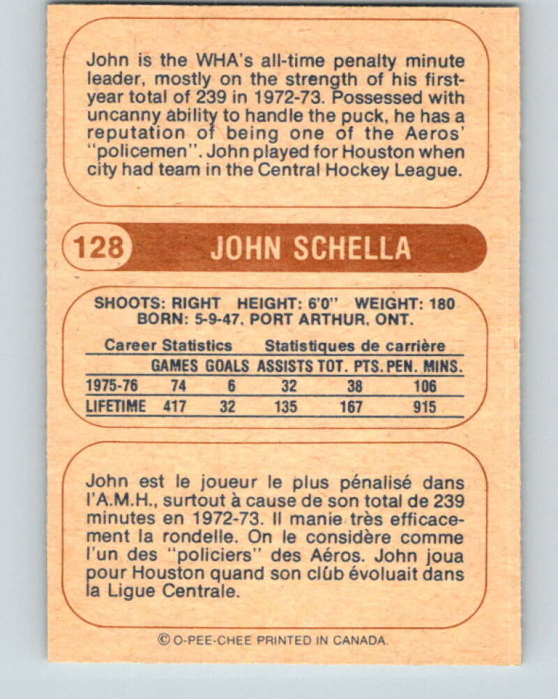 1976-77 WHA O-Pee-Chee #128 John Schella Houston Aeros V7793