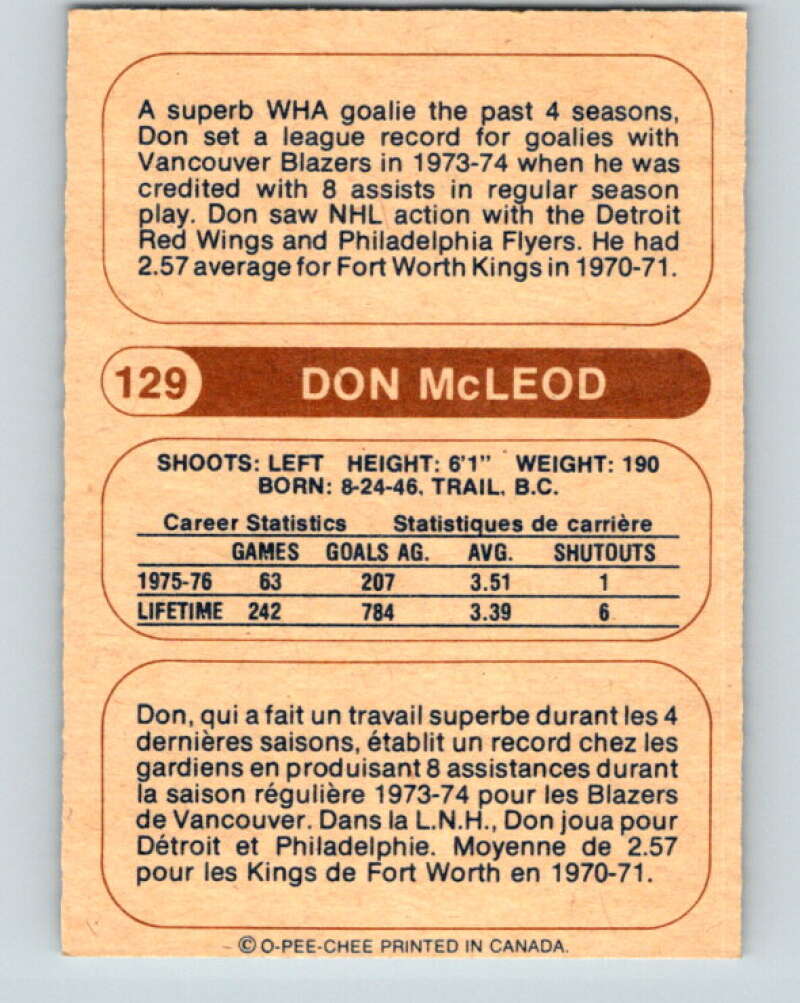 1976-77 WHA O-Pee-Chee #129 Don McLeod Calgary Cowboys V7794