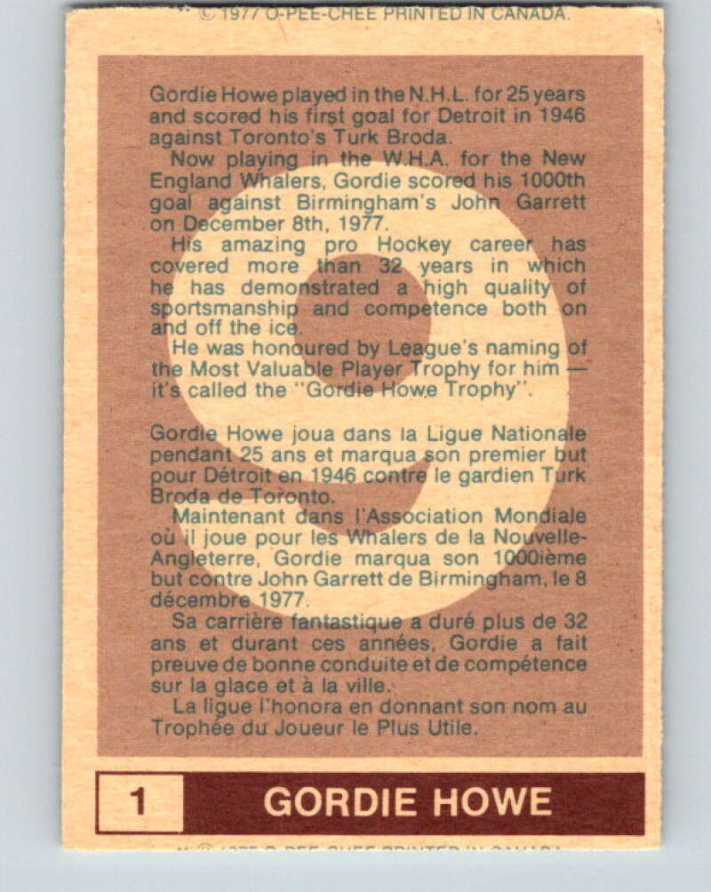 1977-78 WHA O-Pee-Chee #1 Gordie Howe New England Whalers V7804