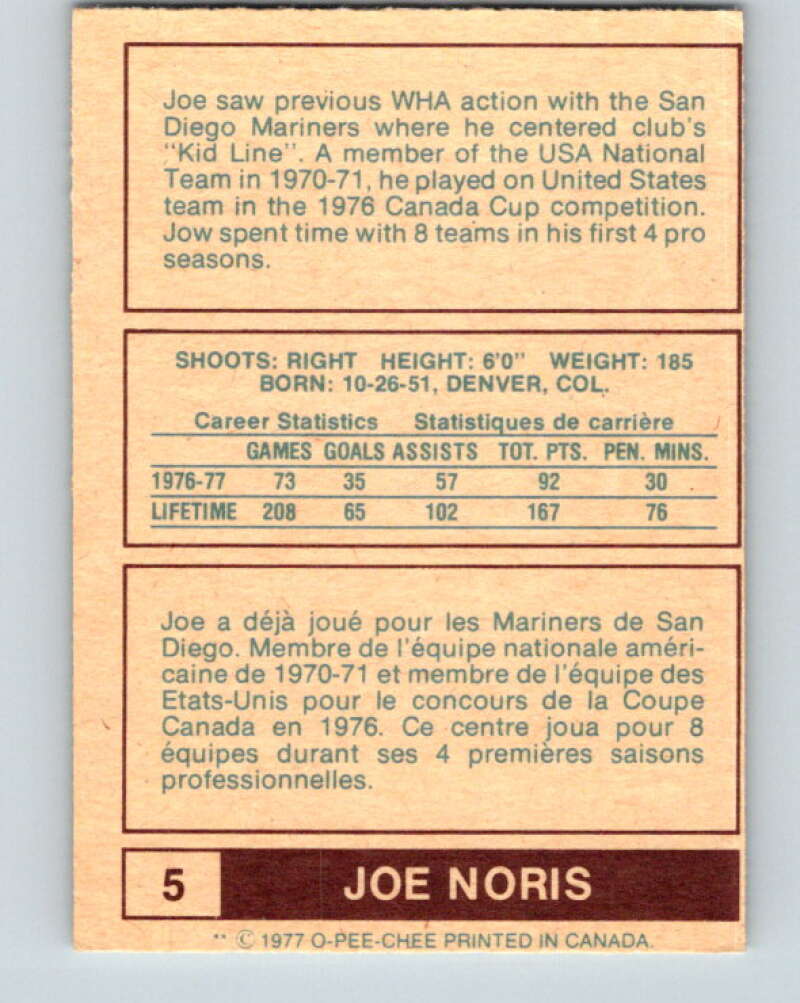 1977-78 WHA O-Pee-Chee #5 Joe Noris Birmingham Bulls V7807